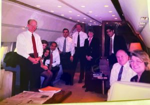 Sen. Bob Dole (sitting), next to him Harut Sassounian (standing) on Kirk Kerkorian’s private plane during a Lincy Foundation sponsored trip to Armenia in Oct. 1997 (Photo provided by Harut Sassounian)